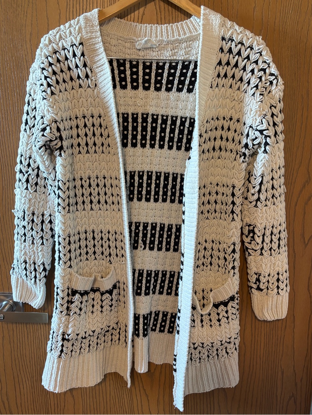 Sienna Sky Black and White Open-Front Knit Cardigan